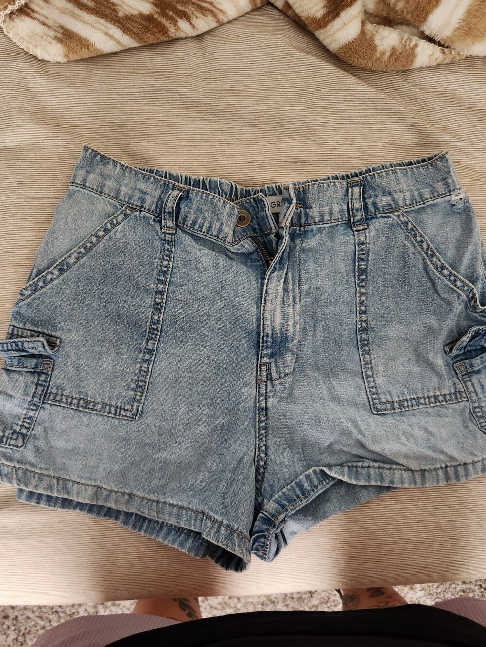 High-Rise Light Blue Denim Cargo Shorts